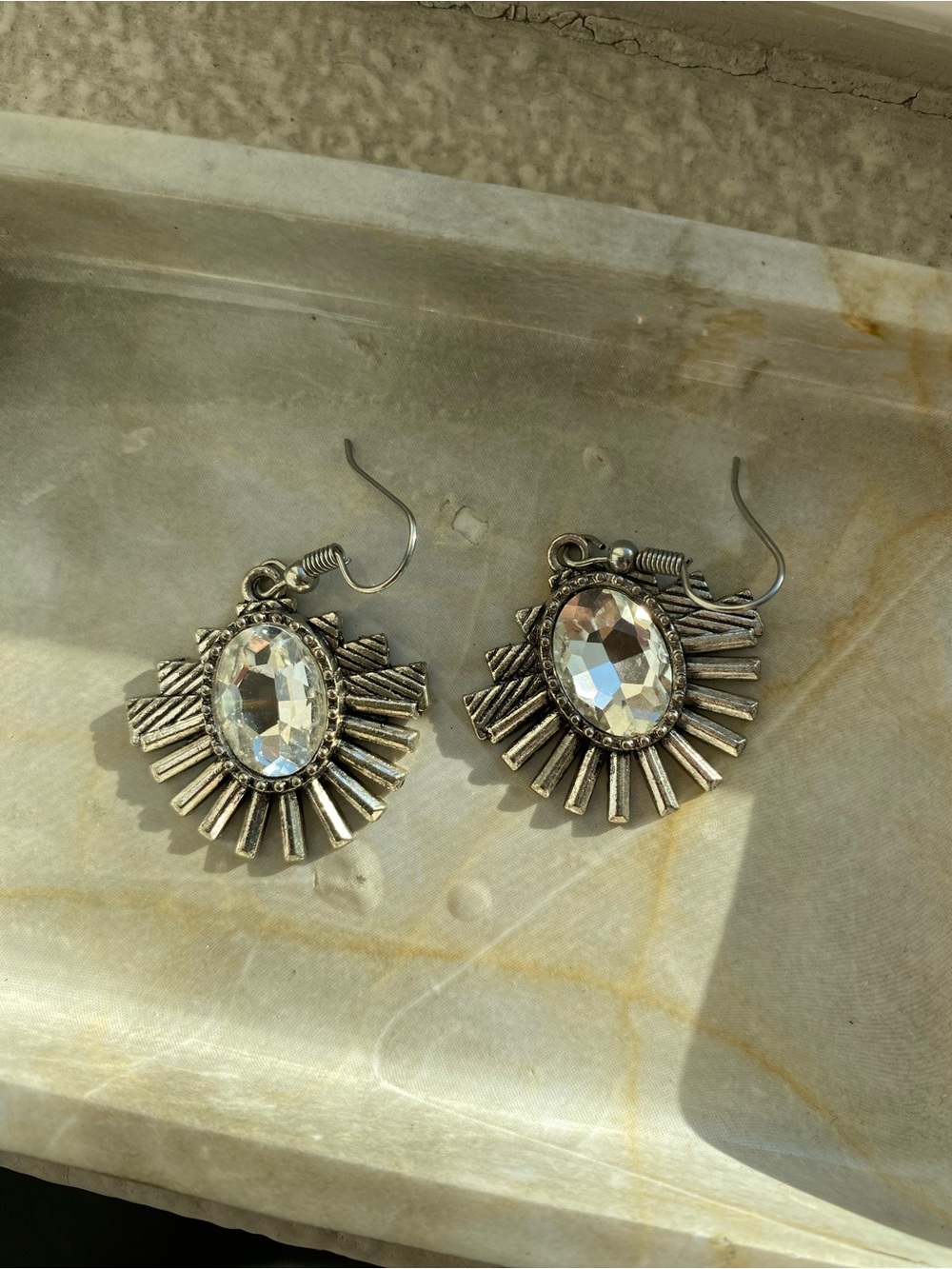 Silver Sunburst Drop Earrings with Clear Crystal